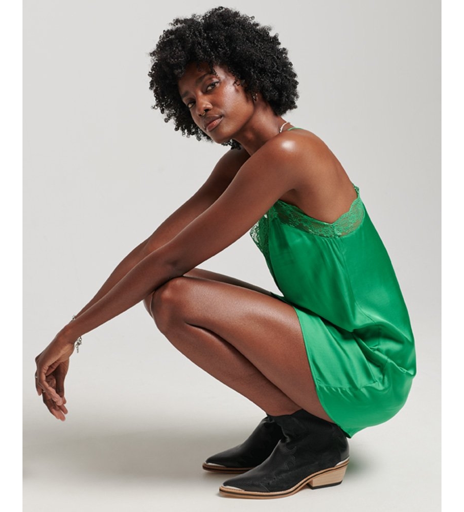 Vestido curto de cetim verde com alças finas da Superdry