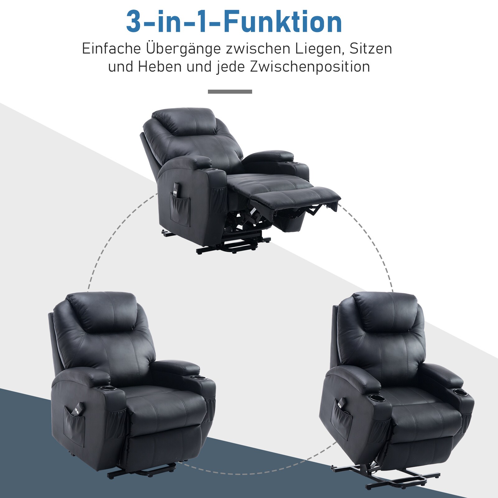 HOMCOM Fernsehsessel 2-in-1-Design, Becherhalter auf beiden Seiten, Sessellift Schwarz 84 x 92 x 109 cm (BxTxH)