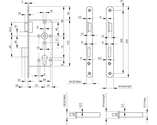 BKS insteekslot voor binnendeuren 0415 DIN rechts, profielcilinder, 55/72/8, sponning, voorplaat 18x235 mm, nikkelzilver gelakt