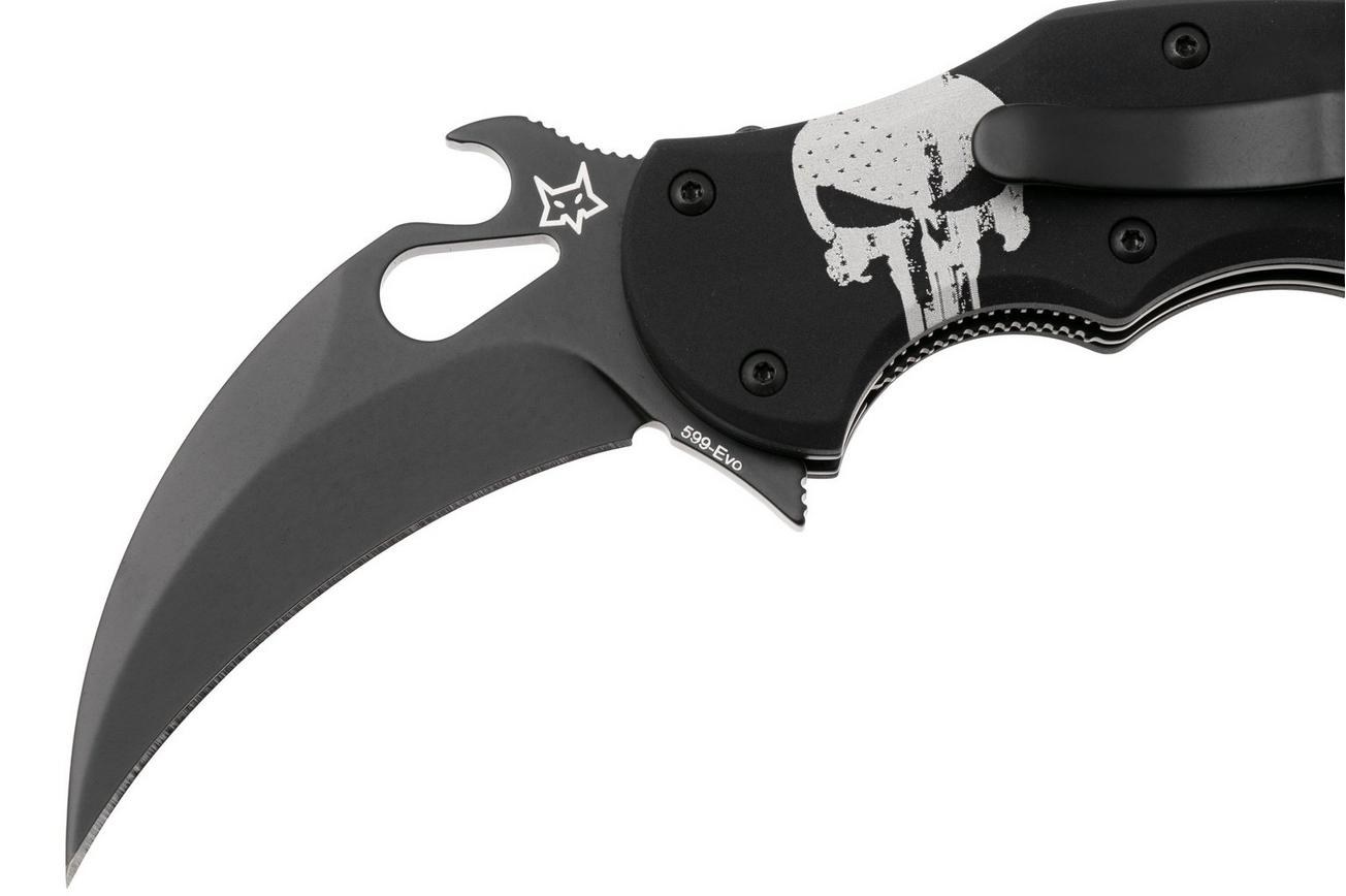 Fox FX-599 ALB-4 Skull, Black Idroglider Böhler N690Co, Engraved Aluminum, karambitmes