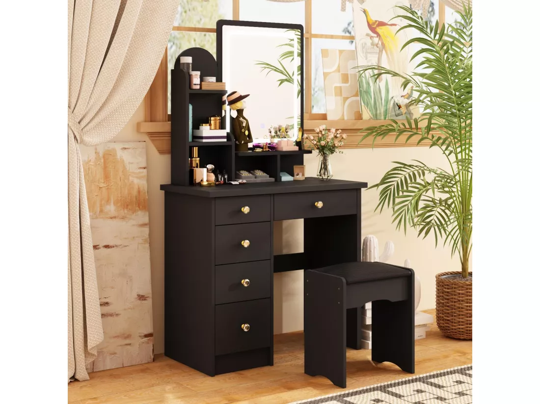 Coiffeuse avec Miroir LED réglable tiroirs Tabouret 80x40x140cm Noir
