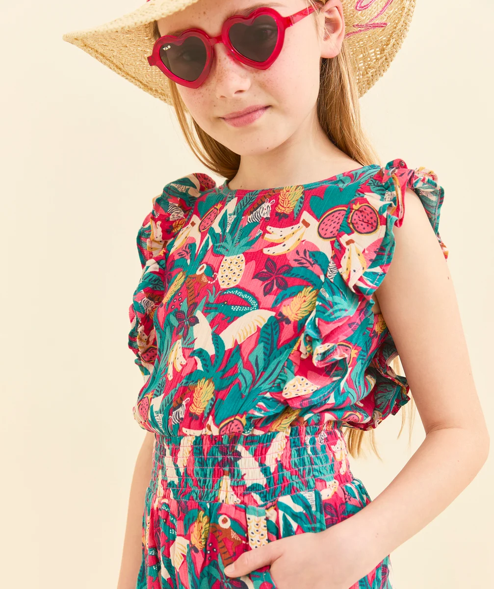 combi-short fille en viscose responsable rose imprimé jungle avec dos ouvert