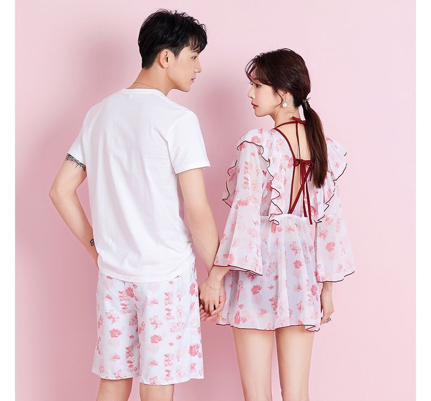 Salanghae - Bijpassende zwembroek met bloemenprint / Zwemjurk met wijde mouwen / T-shirt met korte mouwen en ronde hals en smileygezichtsprint / Halter tankinitop met kruisbandjes / Effen zwemshorts / Set