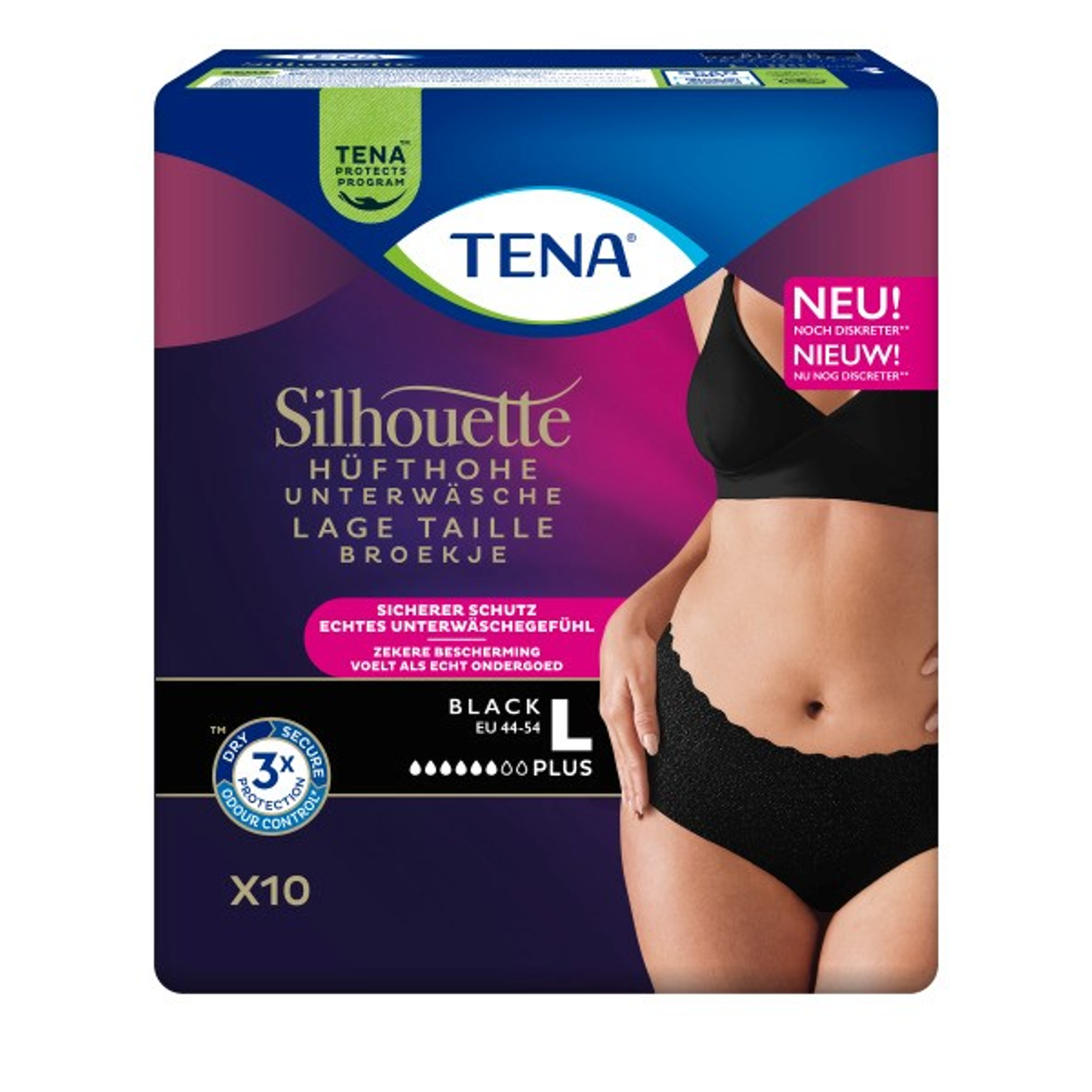 Tena Silhouette Plus Noir – Lage Taille L (10 stuks)