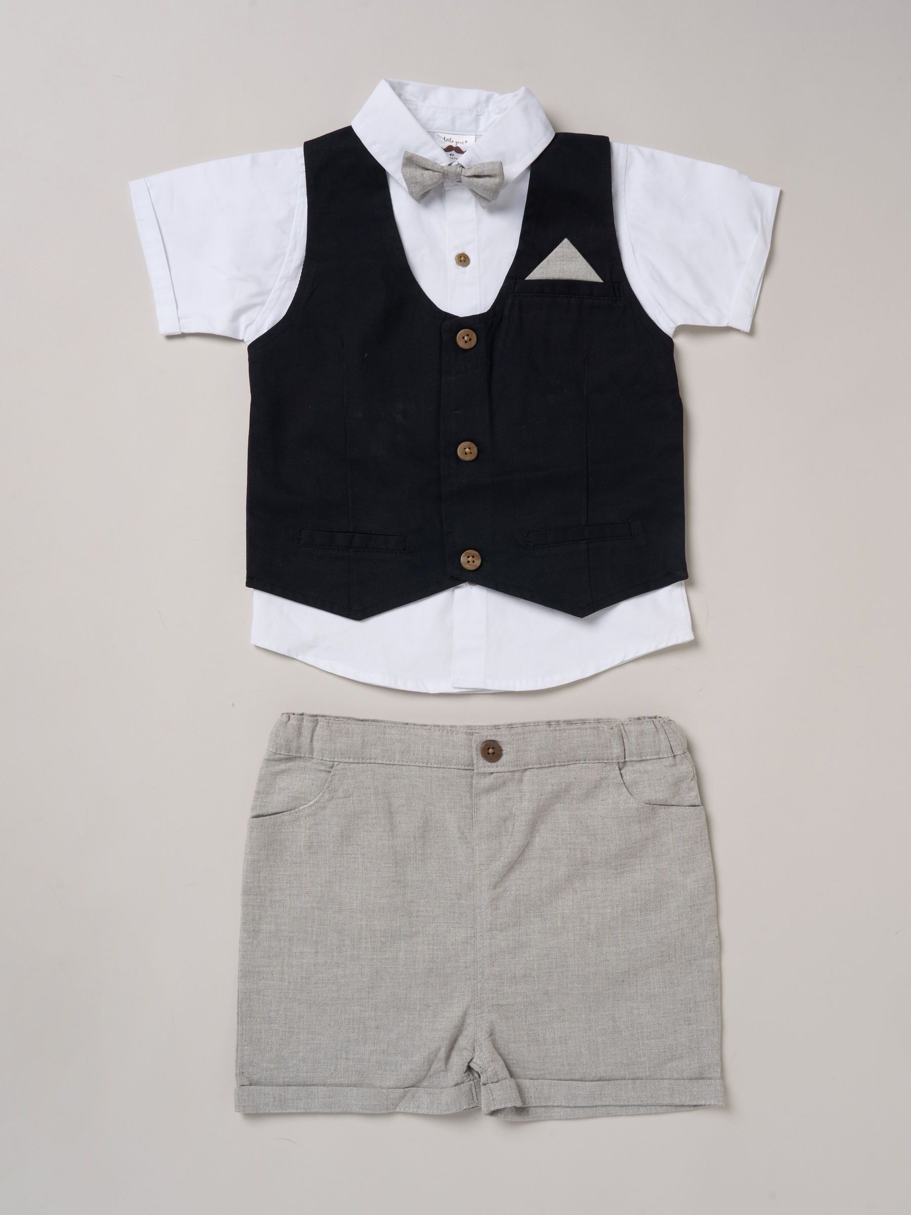 Zwart - Little Gent 100% Cotton Shirt with Mock Waistcoat Shorts and Bowtie Outfit Set