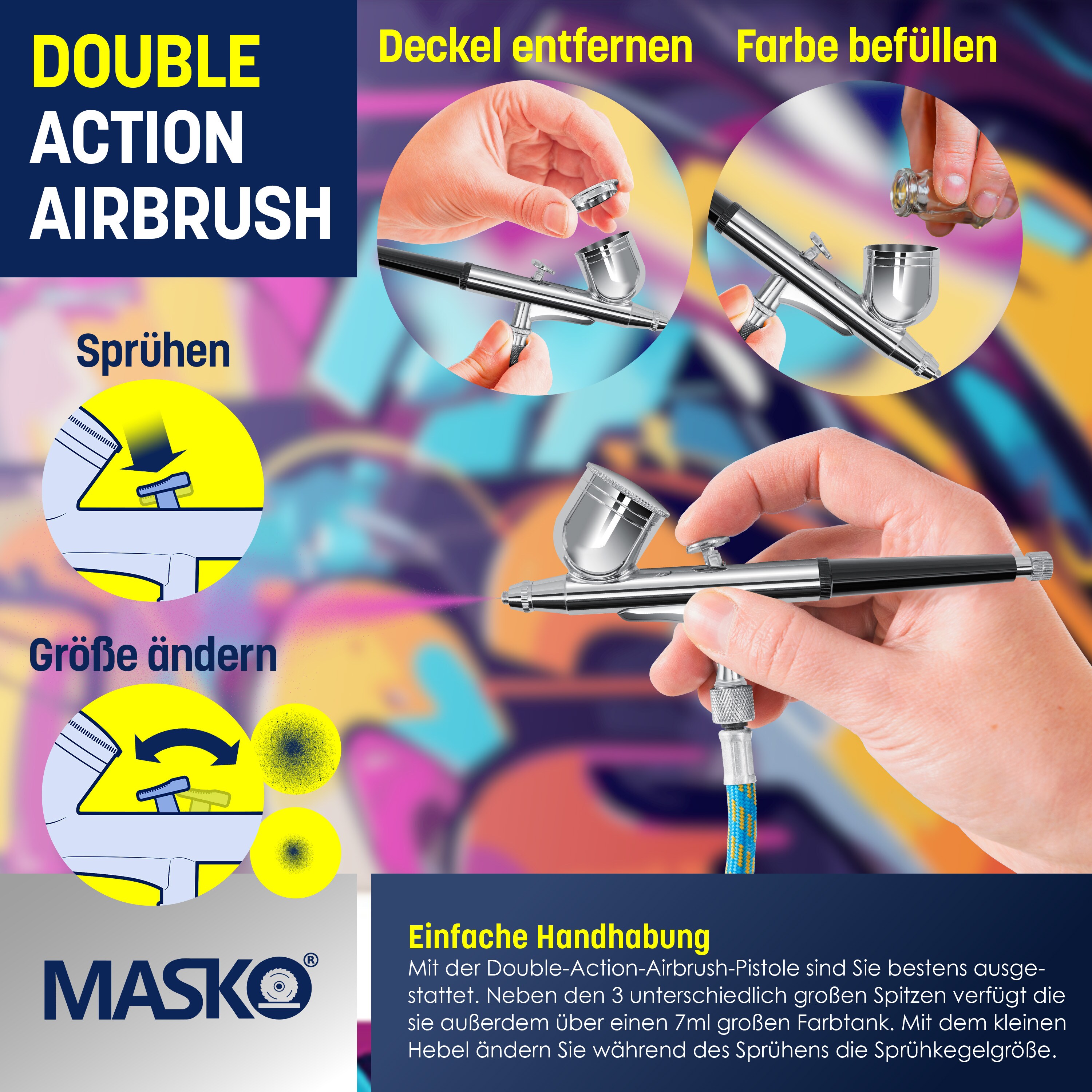 MASKO® Airbrush-Set mit Kompressor 4 bar inkl. Airbrush-Pistolen | Lackierpistole Komplett-Set Tattoo Kunst Malerei | Nadeln & Düsen im Zubehör | Multifunktions Dual-Set mit Manomter & Luftfilter