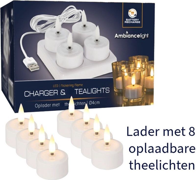 Oplaadbare LED Waxinelichtjes - Inclusief Lader - 8 Waxinelichtjes LED -Theelicht LED - Flame effect