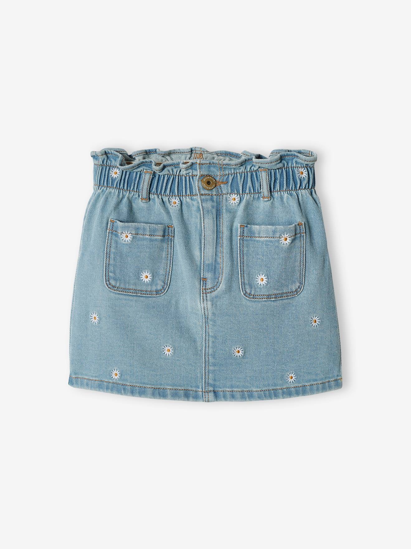 Saia jeans com bordado floral para meninas, pedraria dupla