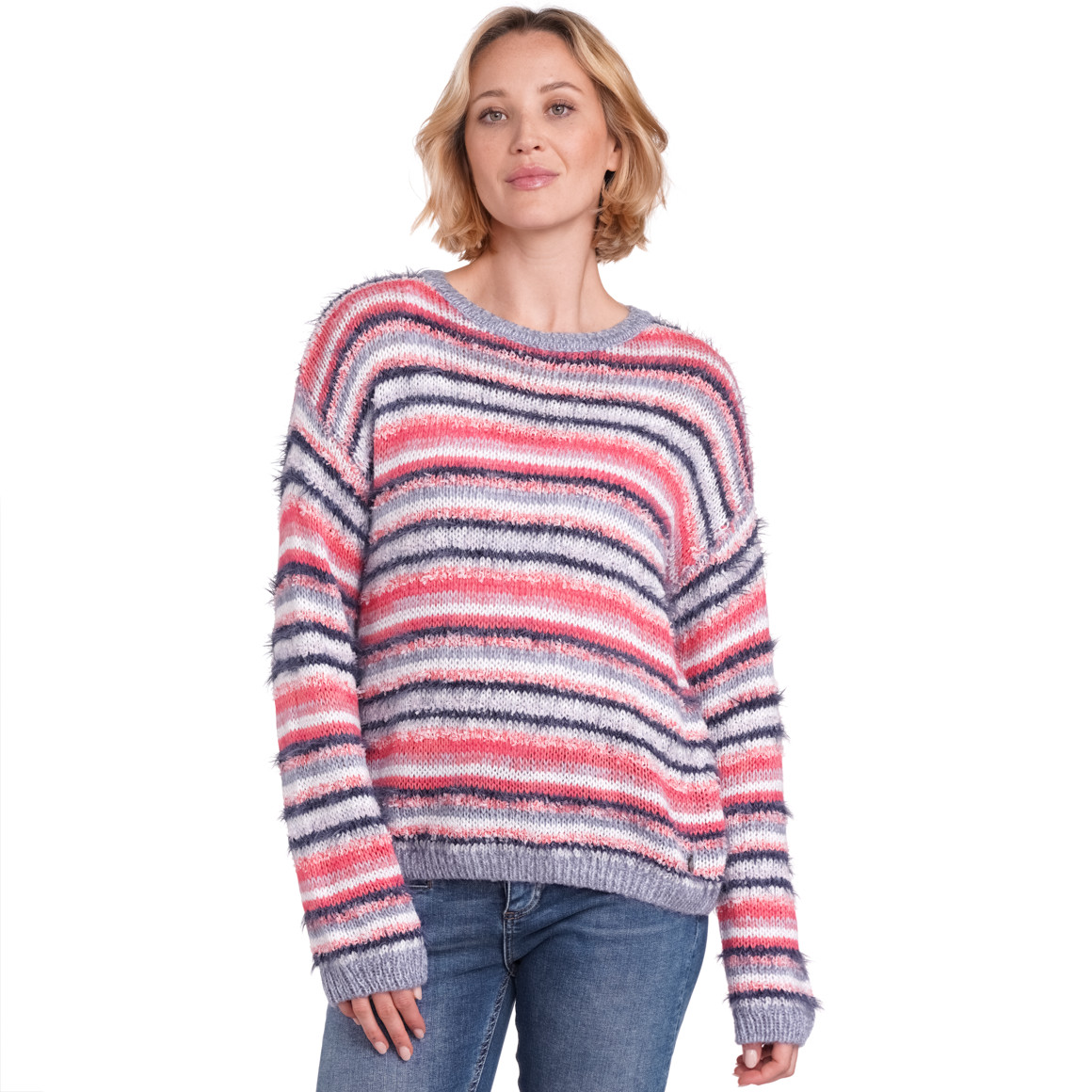 Gina Benotti Damen Strickpullover mit Effektgarn pink / hellgrau / dunkelblau