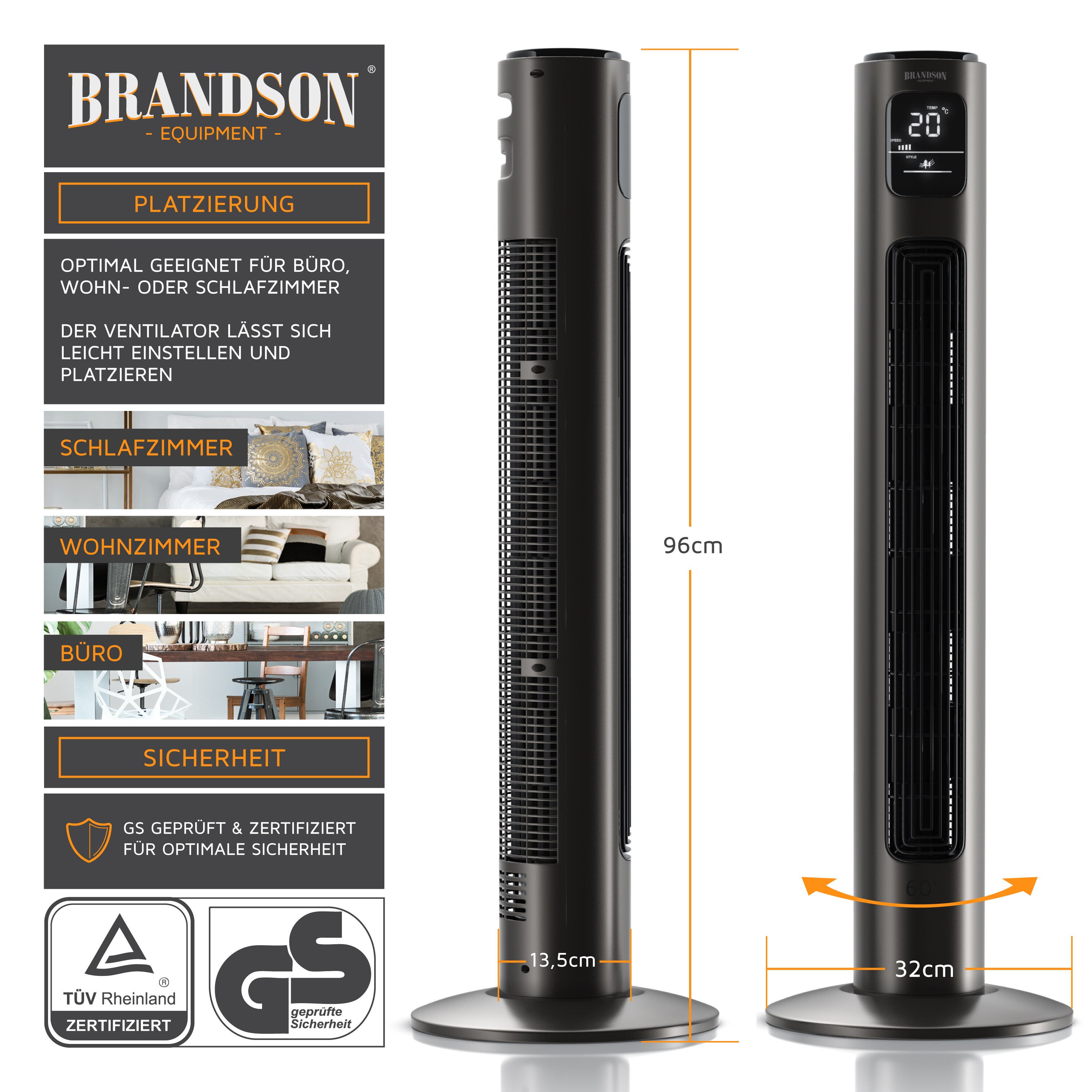 Brandson Turmventilator mit 3 Geschwindigkeiten, Oszilation 60°, Standventilator, mobiler Lüfter, Säulenventilator, 96 cm, Ventilator