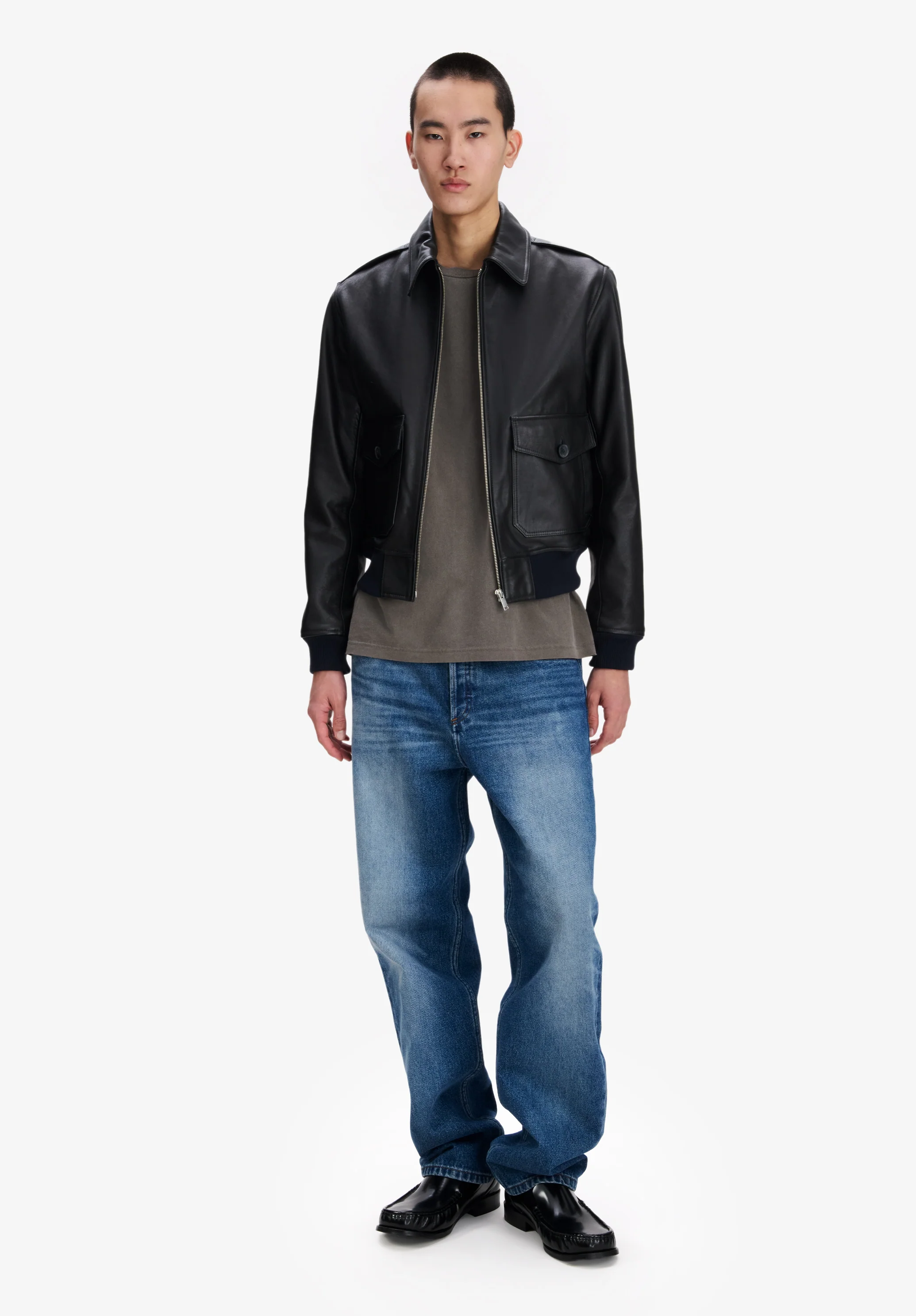 Blouson court en cuir noir - Noir