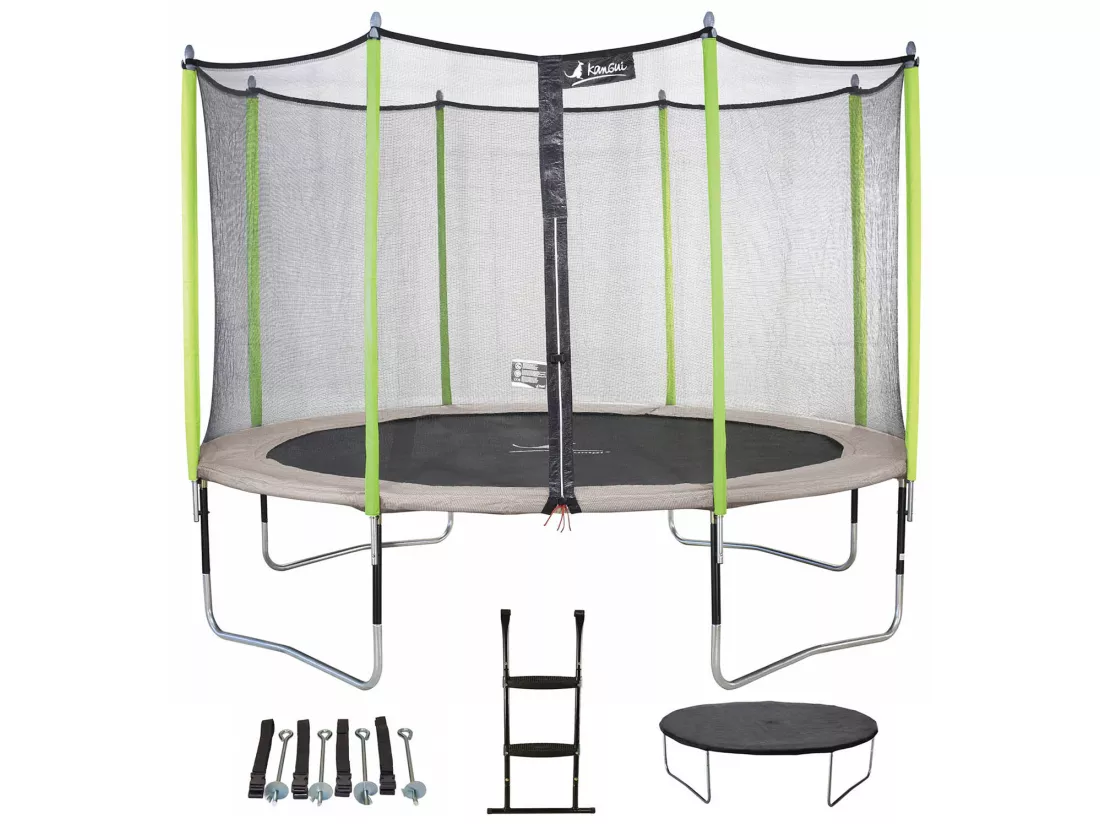 Kangui - Trampoline de jardin 365 cm + filet + échelle + bâche + kit d'ancrage JUMPI Taupe/Vert