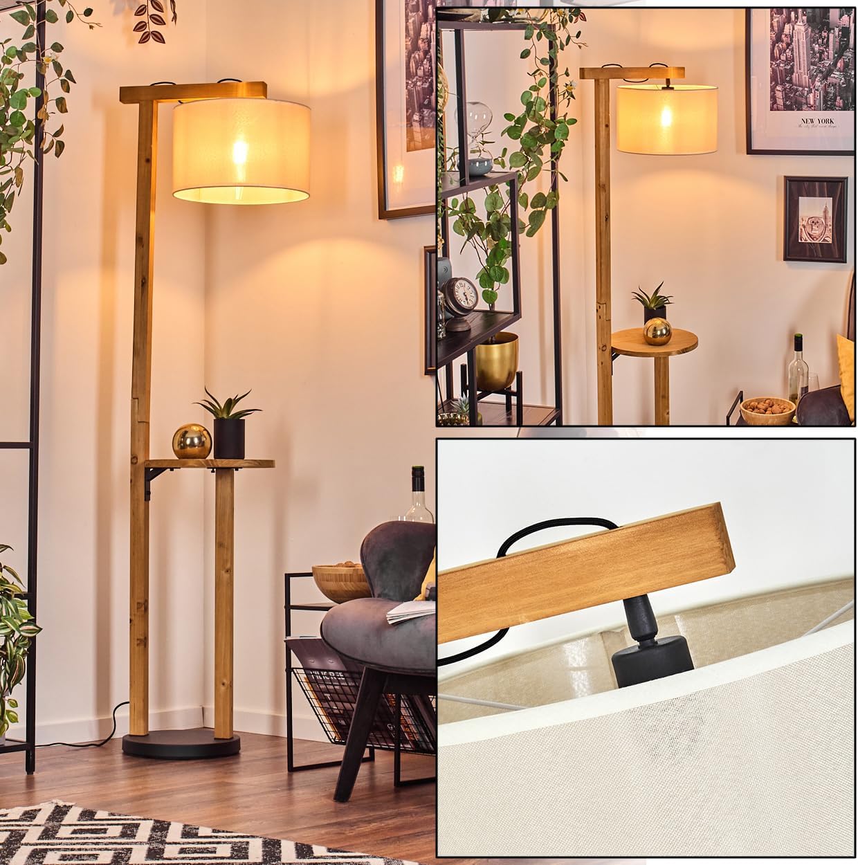 Stehleuchte Bassagoda, Stehlampe aus Holz/Metall/Stoff in Natur/Schwarz/Beige/Weiß, Leuchte im skandinavischen Design, Ø 50 cm, Ablagefläche u. Fußschalter, Höhe 171,5 cm, 1 x E27, ohne Leuchtmittel