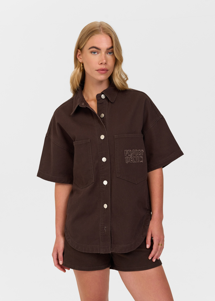Oversized denim blouse korte mouw deep choco