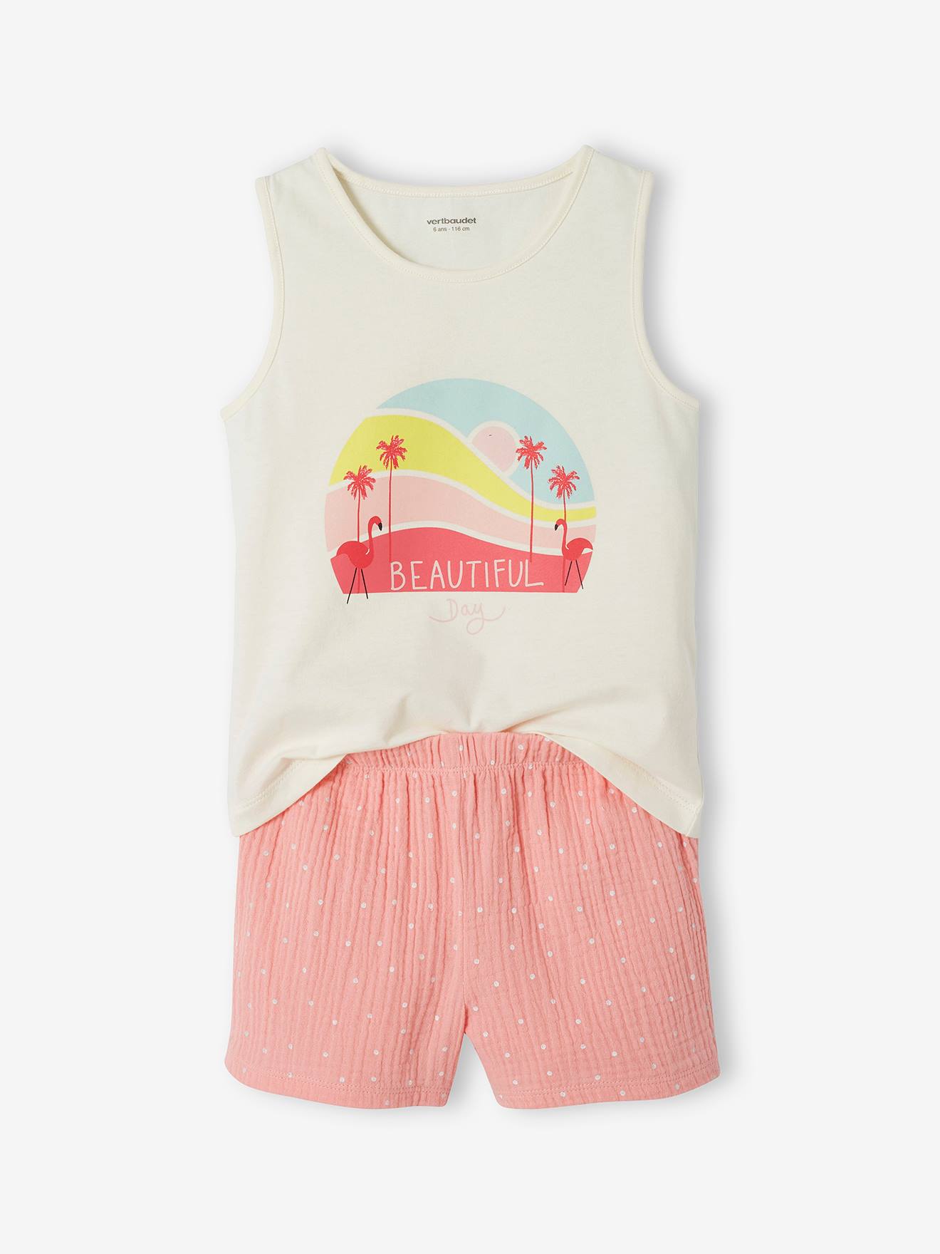 Pijama curto rosa com estampa de flamingo, em chiffon 100% algodão, para meninas.