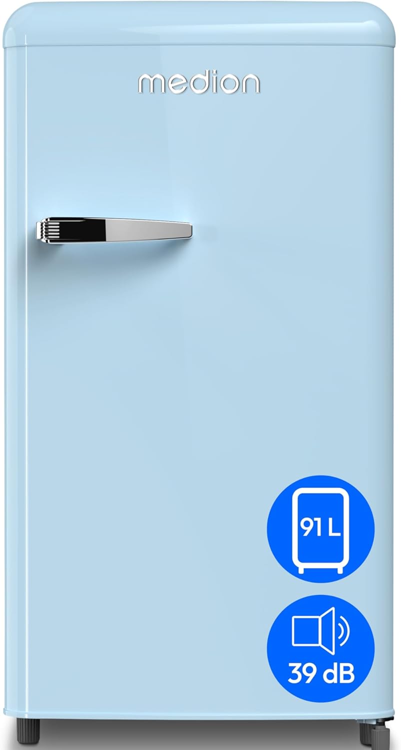 MEDION Retro Kühlschrank (91 Liter, 91cm Höhe (höhenverstellbare Füße), höhenverstellbare Glasablagen, transparente Gemüseschublade, freistehend, Türanschlag rechts, Metall Türgriff, MD37800) blau