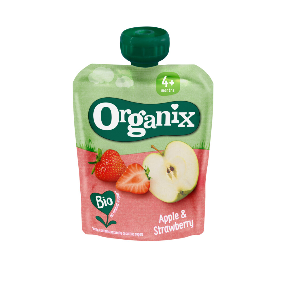 6x Organix Knijpfruit 4+m Appel & Aardbei90 gr