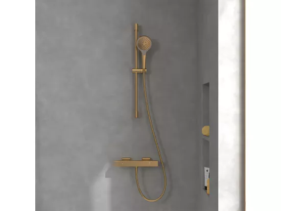 Mitigeur douche thermostatique VILLEROY ET BOCH Universal rectangle + Ensemble de douche Verve Showers 3 jets Or brossé