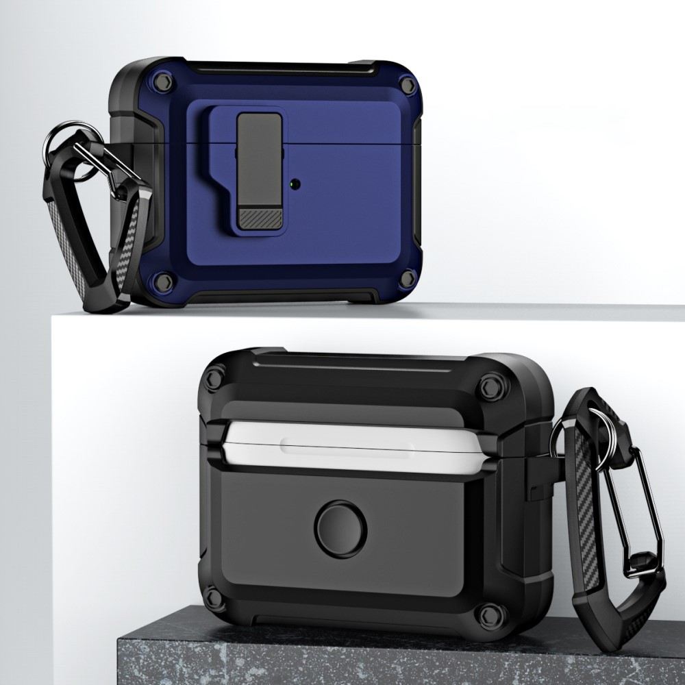 AirPods Pro 2 / AirPods Pro Hybrid Hardcase Schutzhülle mit Verschluss   Karabinerhaken - Schwarz / Blau