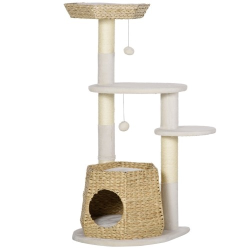 Arranhador de madeira natural de sisal PawHut para gatos.