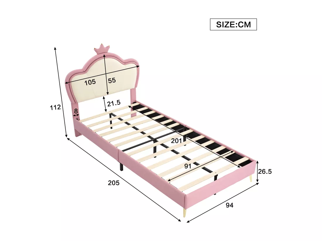 Lit enfant 90x200cm en similicuir - design unique - Rose & Blanc