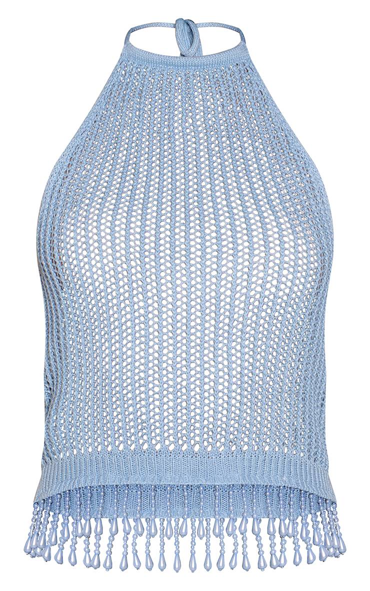 Bleu Pâle Top Halter En Crochet Avec Perles