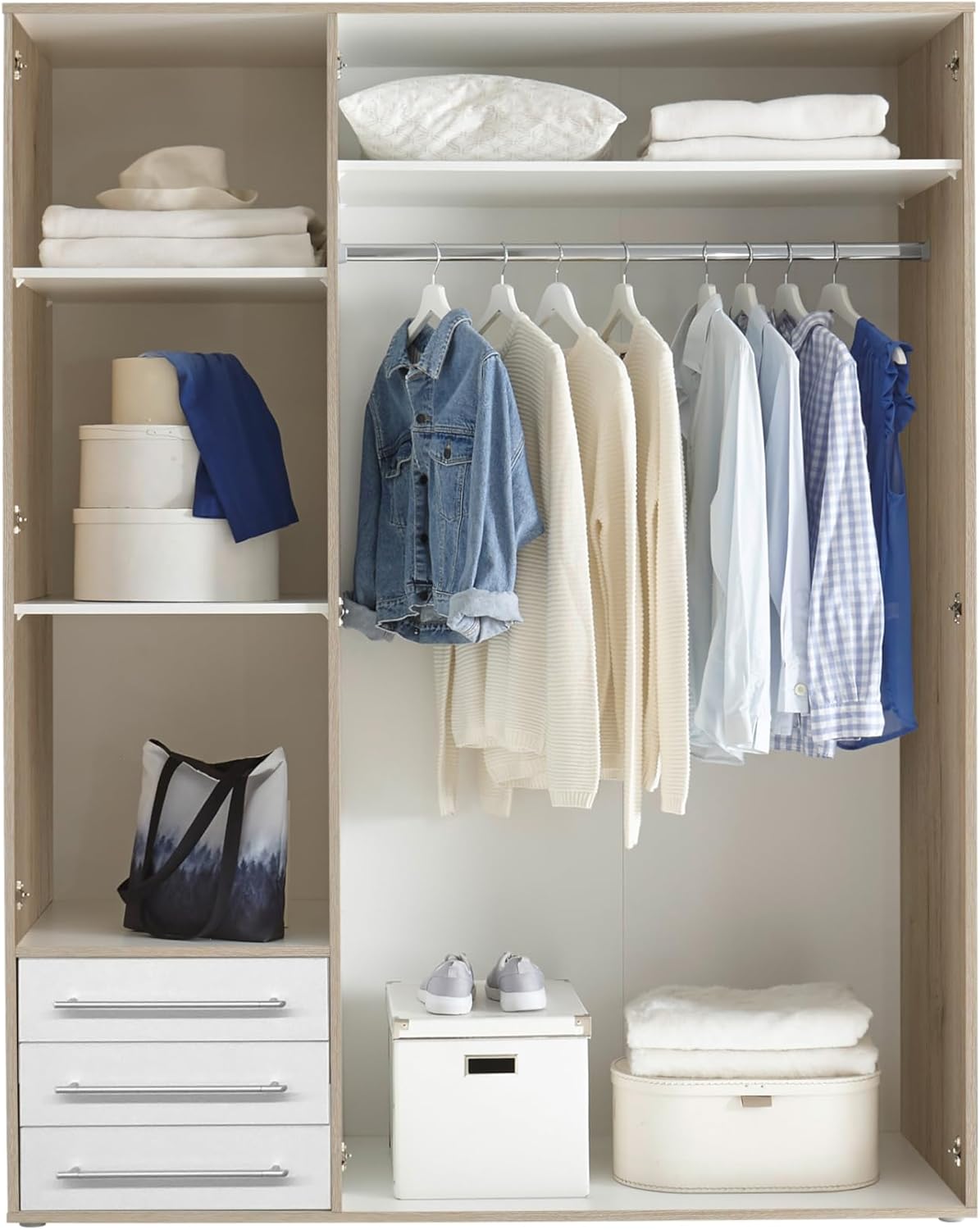Stella Trading LYSS Kleiderschrank weiß mit Schubladen - Vielseitiger Schlafzimmerschrank 3-türig in Weiß, Eiche San Remo Nachbildung - 155x 194 x 58 cm (B/H/T)