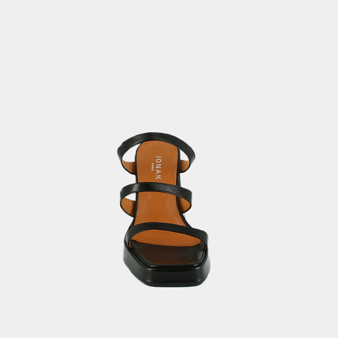 Mules à brides et bouts carrés  en cuir vieilli noir