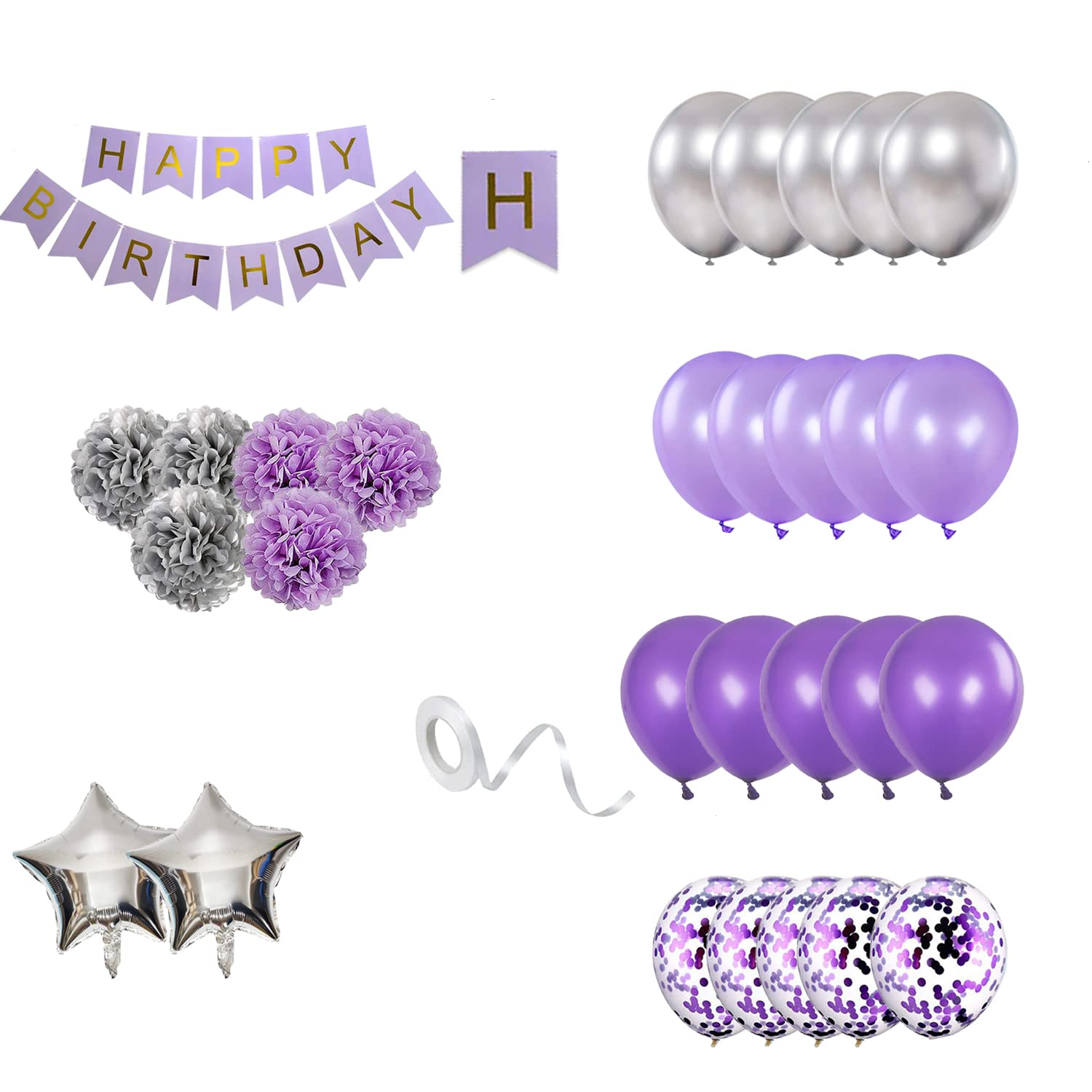 (31-tlg. Set) Happy Birthday Girlande Geburtstags Party Deko   Latex- und Folienballons / Pompon's - Lila