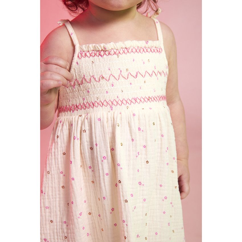 Robe à bretelles en gaze de coton imprimé fleurs pour bébé fille - Ecru