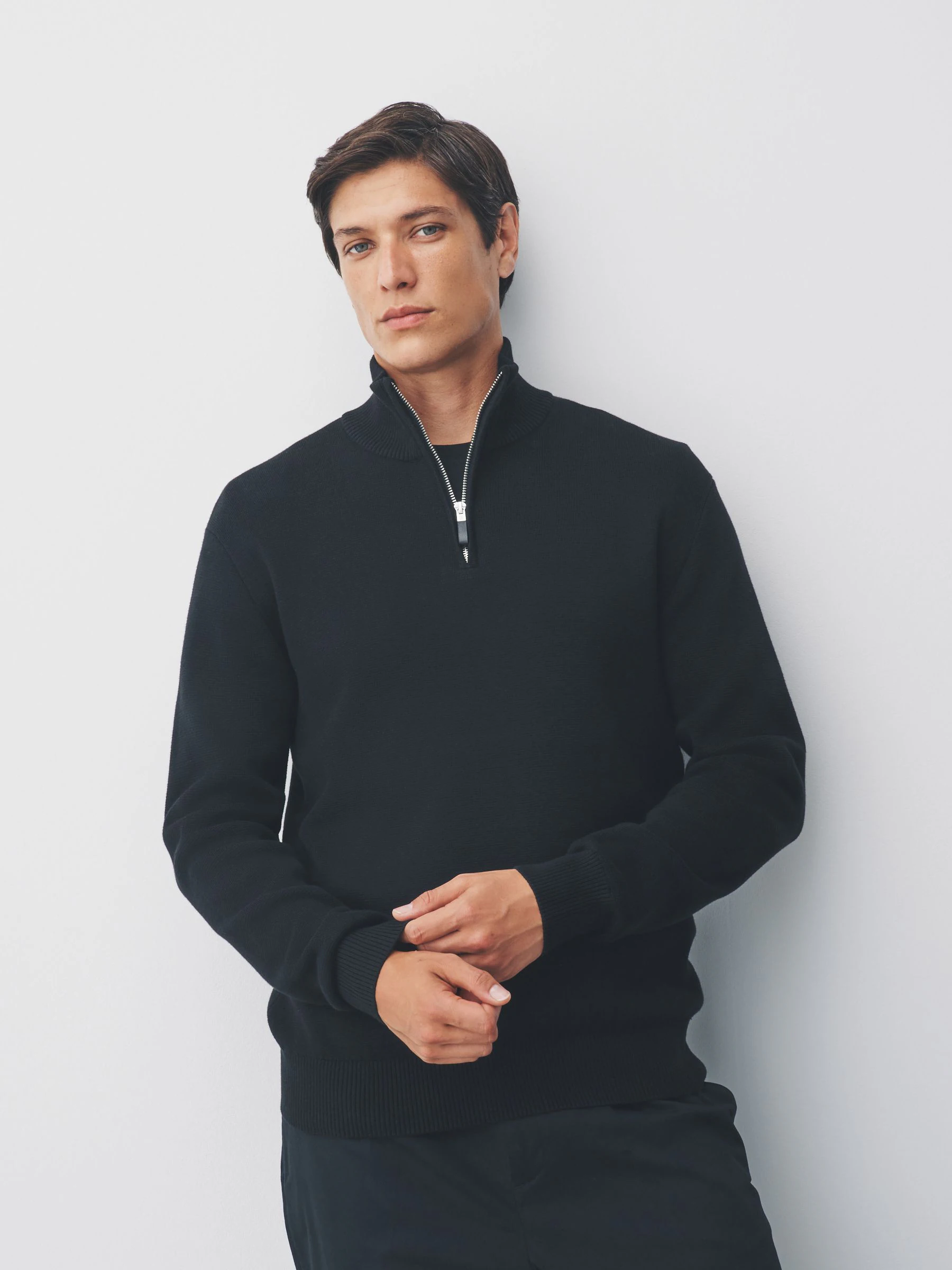 Zwart - Effen - Regular fit 100% katoenen premium trui met korte rits
