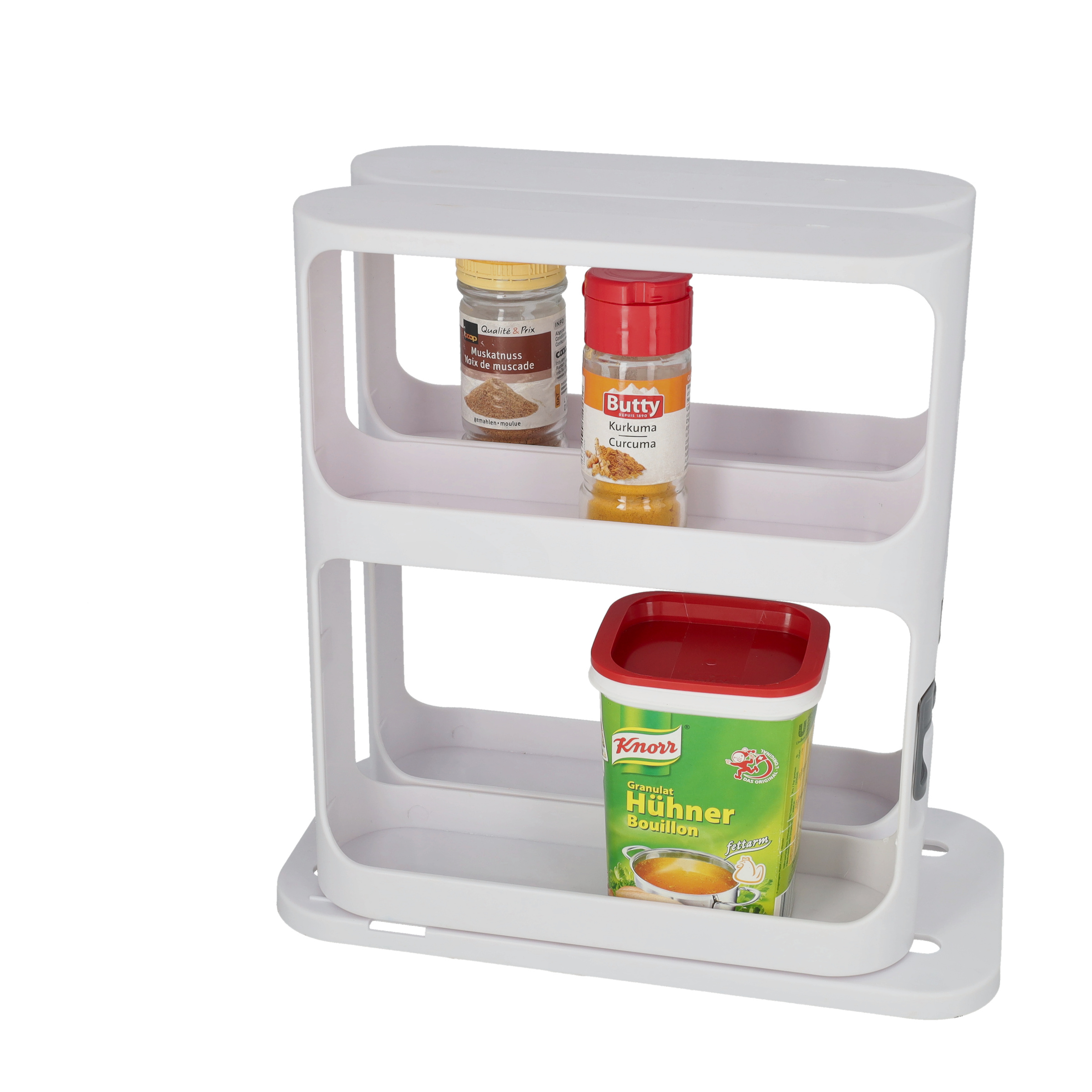 (27x27cm) 2-fach Ausziehbares Küchen Regal Universal Organizer Drehbares Aufbewahrungs Fach für Gewürze / Lebensmittel / Kosmetik - Weiss