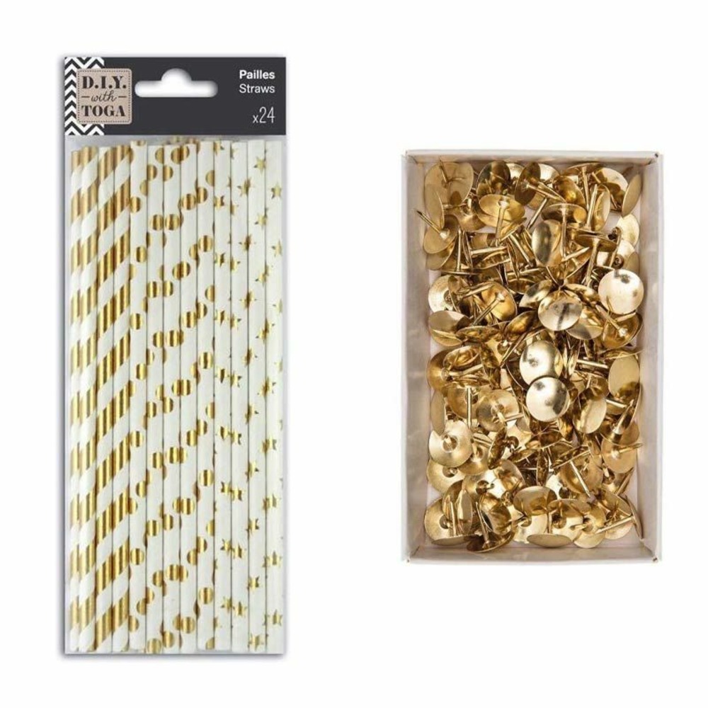 24 pailles en papier doré et blanc + 150 punaises dorées