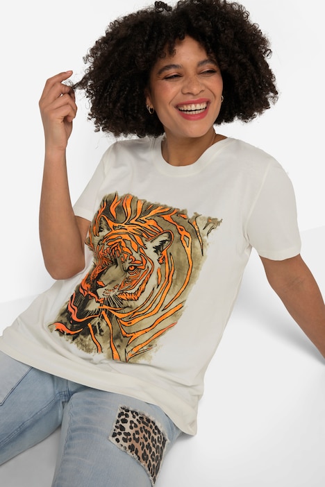 T-Shirt, oversized, Löwen-Motiv, Rundhals, Halbarm