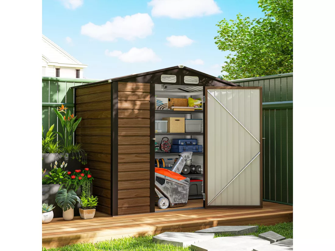 Abri de jardin cabanon dim. 190L x 131l x 188H cm porte verrouillable ventilations tôle acier ondulé marron