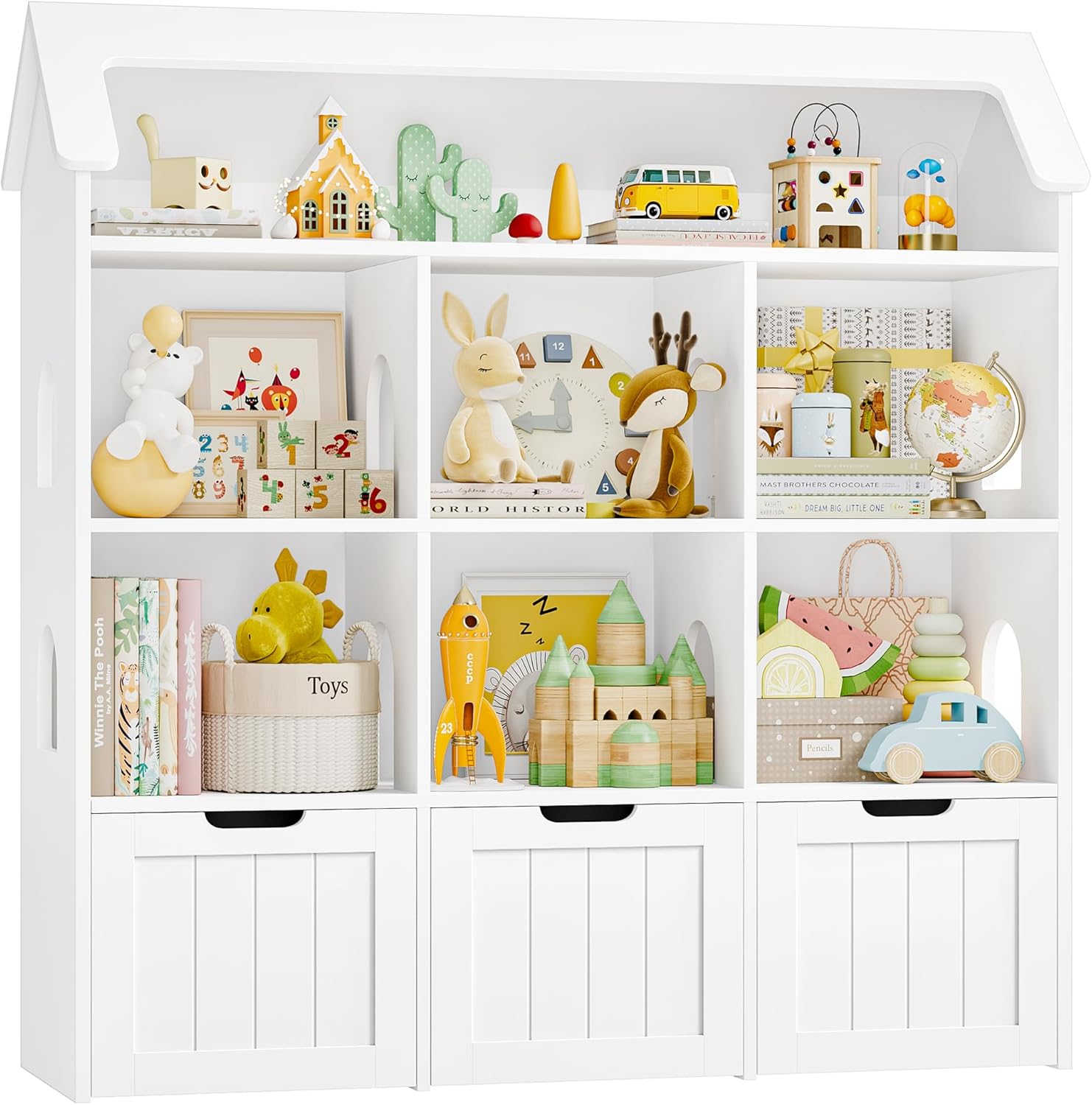 FOREHILL Kinderregal mit Boxen auf Rollen, Kinderbücherregal mit 3 Ebenen, Kinderzimmer Möbel, Spielzeugregl, Aufbewahrungregal,Bücherregal für Kinder, Kinderschrank in Hausform Weiß 120x117.5x30cm