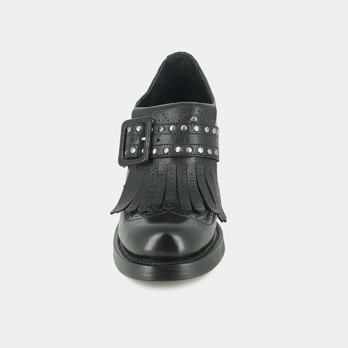 Mocassins à talons et pates frangées  en cuir noir