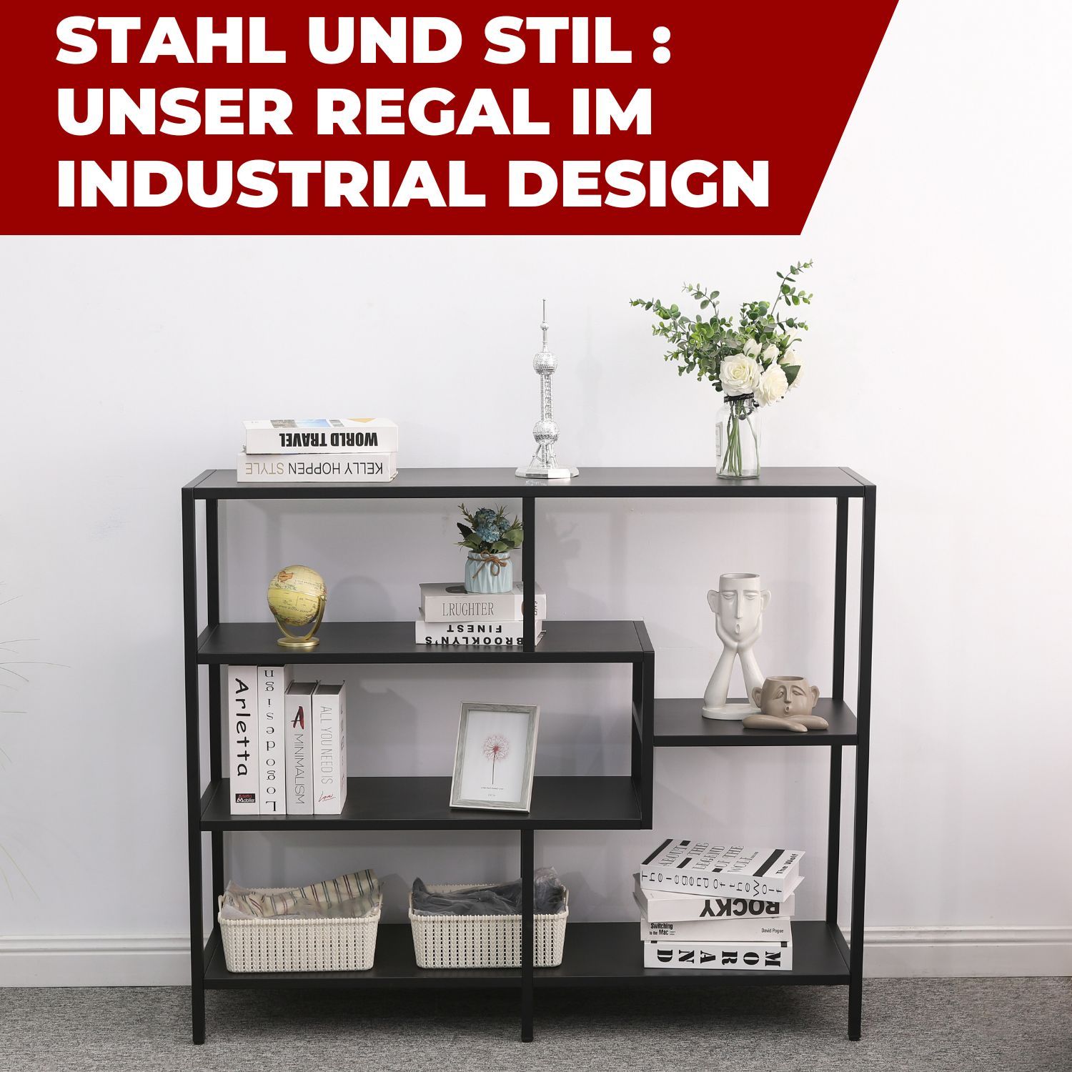 Coemo Regal Chicago M Raumteiler 120x35x100cm Metall 5 Ablageflächen schwarz