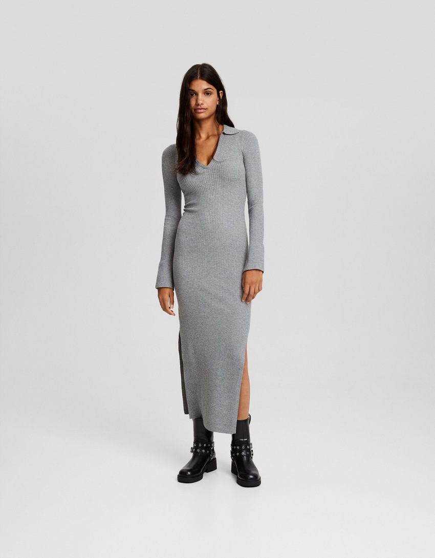 Vestido midi de manga comprida com gola polo