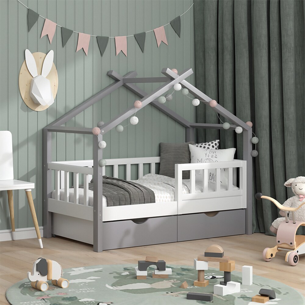 VitaliSpa Kinderbett Hausbett Einzelbett Design Weiß Grau modern 70x140 cm Kinderzimmer Bett Massivholz Lattenrost Schublade Rausfallschutz Schubladenbett Matratze