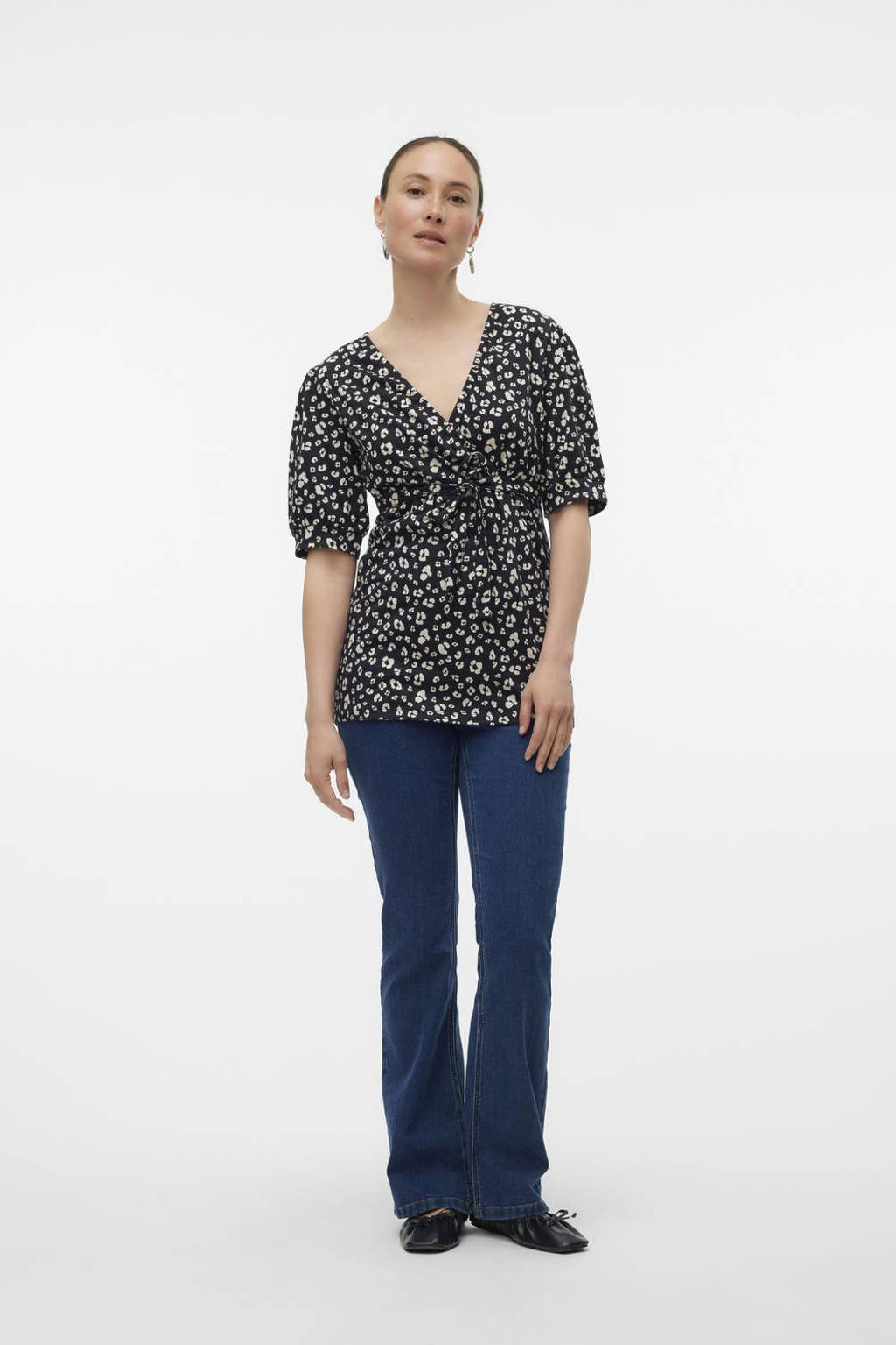MAMALICIOUS zwangerschapstop MLHAZELA met all over print en overslag detail zwart/wit