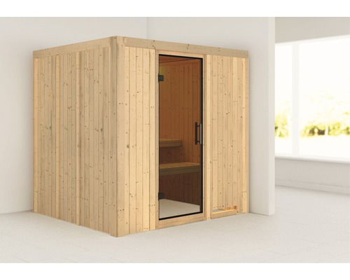 Plug & Play Sauna Karibu Maria zonder kachel, zonder dakrand, met grafietkleurige volledig glazen deur