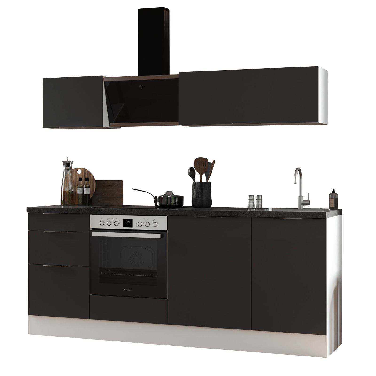 RESPEKTA Küchenblock - grau matt - weiß matt - mit E-Geräten - 220 cm