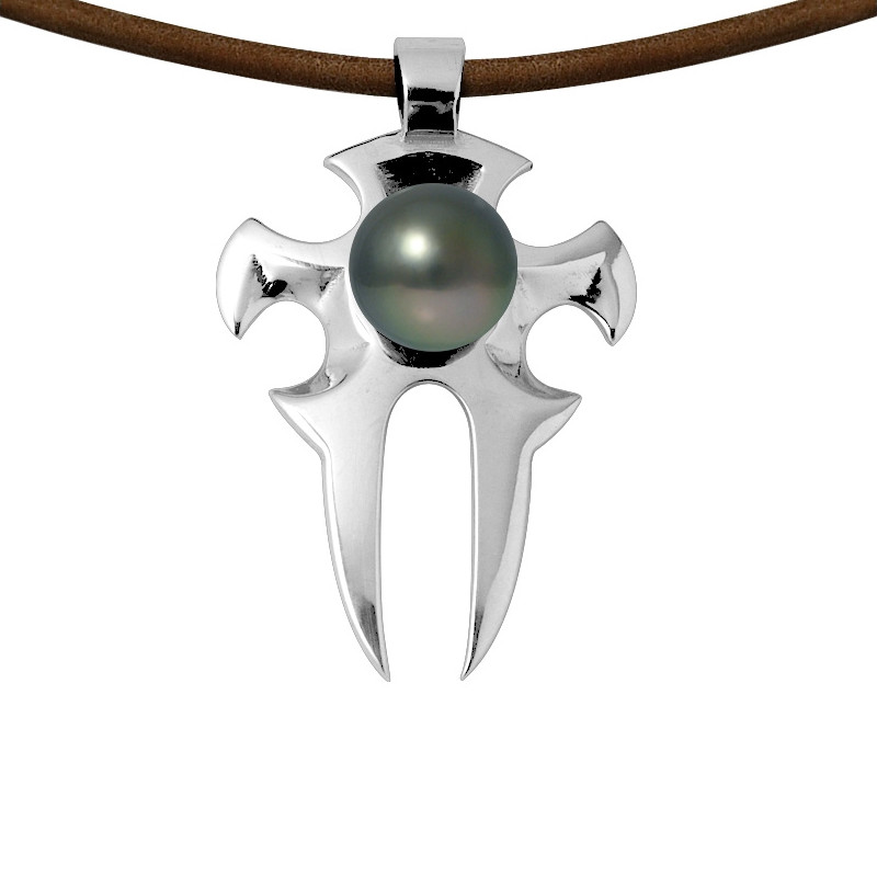 Collier Homme Tribal en Cuir, Perle de Tahiti et Argent Massif 925