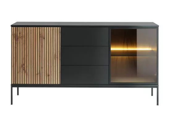 Commode Soferi 104, Chêne wotan|Noir, Avec tiroirs et portes, Nombre de tiroirs: 3, 83cm