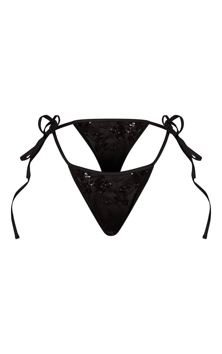 Noir Bas De Bikini À Paillettes En Dentelle Avec Liens Sur Les Côtés