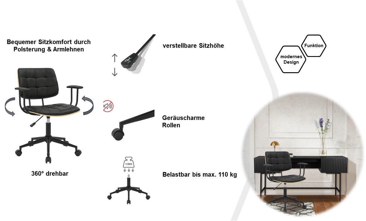 Guido Maria Kretschmer Home&Living Bürostuhl »Synne« () mit Steppung, Furnierholz, geräuscharme Rollen, moderner Retrolook