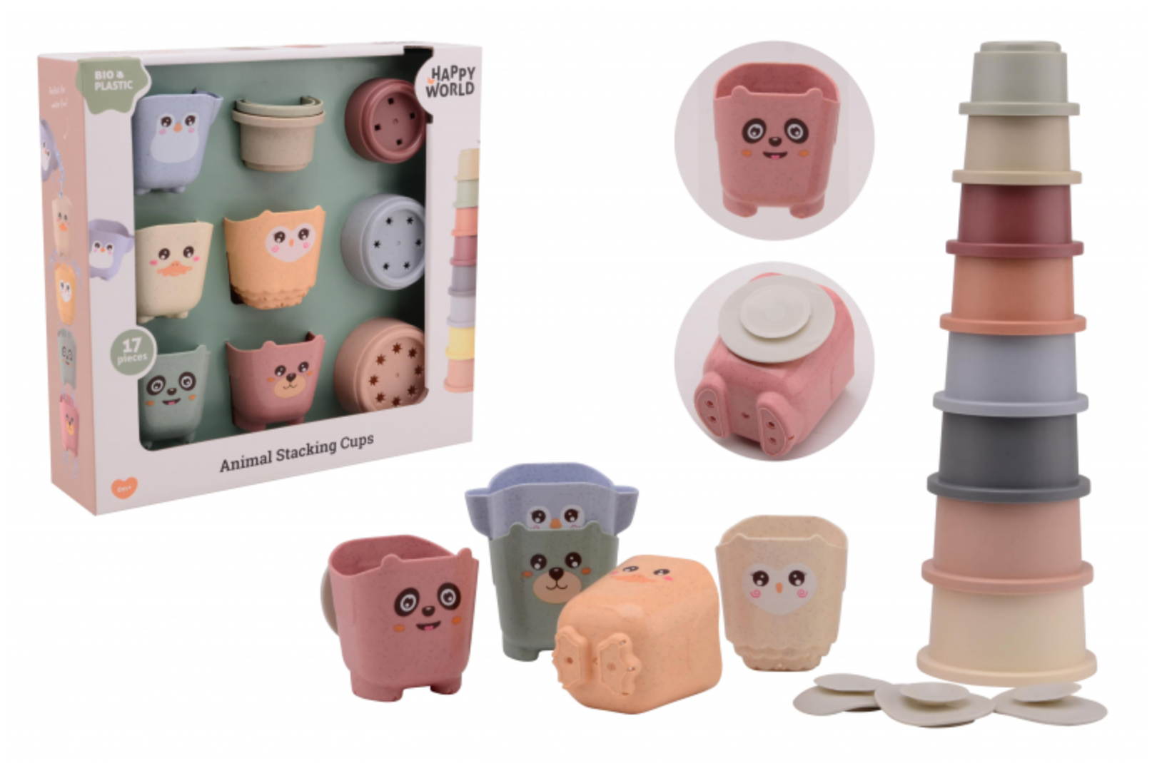 Happy world bio plastic stapel emmers en bekers in doos