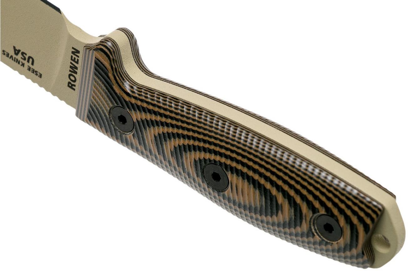 ESEE Model 4 Desert Tan Blade 3D Coyote-Black G10 survivalmes 4PDT-005 zwarte schede   riemclip
