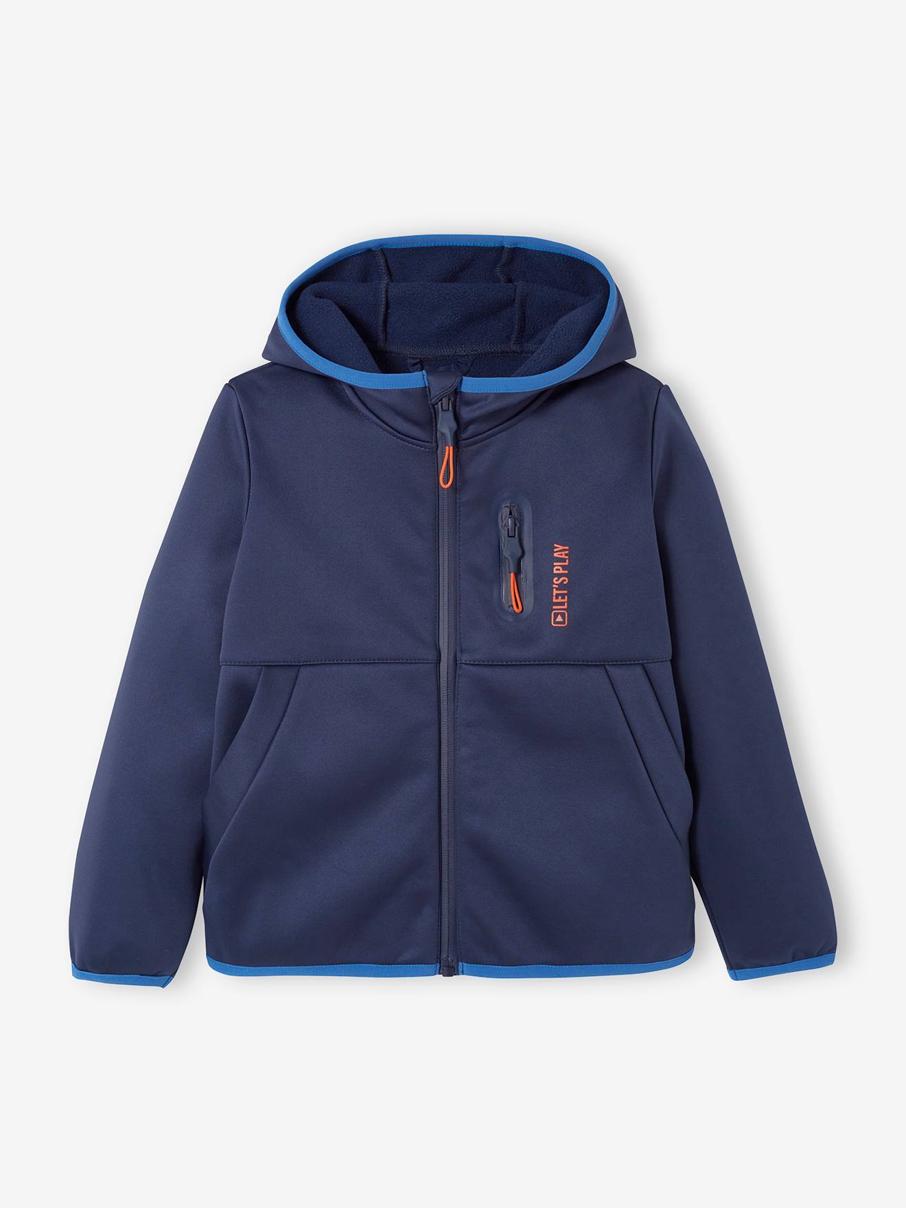 Jaqueta corta-vento esportiva com forro de lã, azul-marinho lisa infantil com estampas.